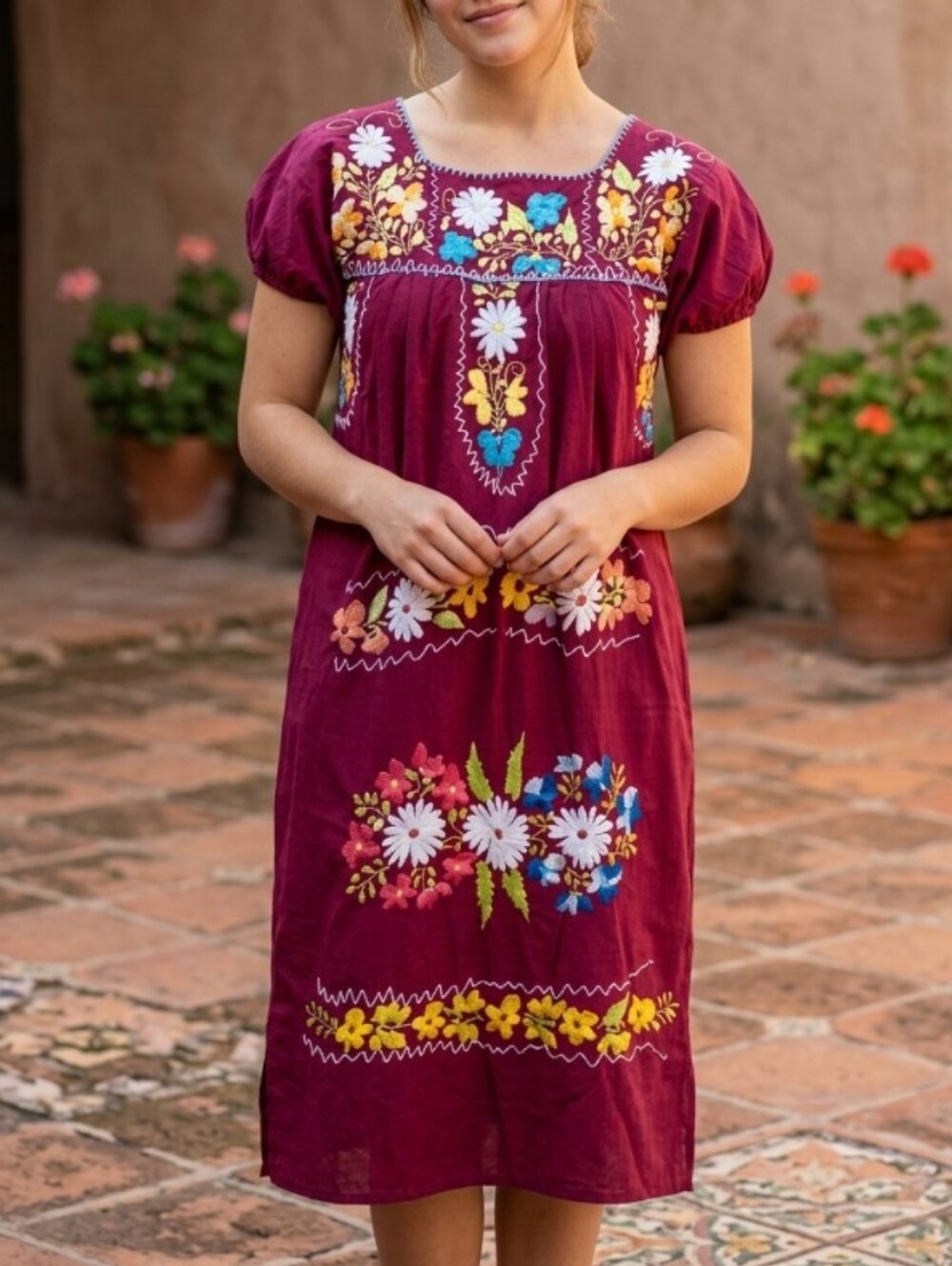 Mexican Embroidered Peasant Dress Cotton Maroon Floral Boho Dress Bohemian